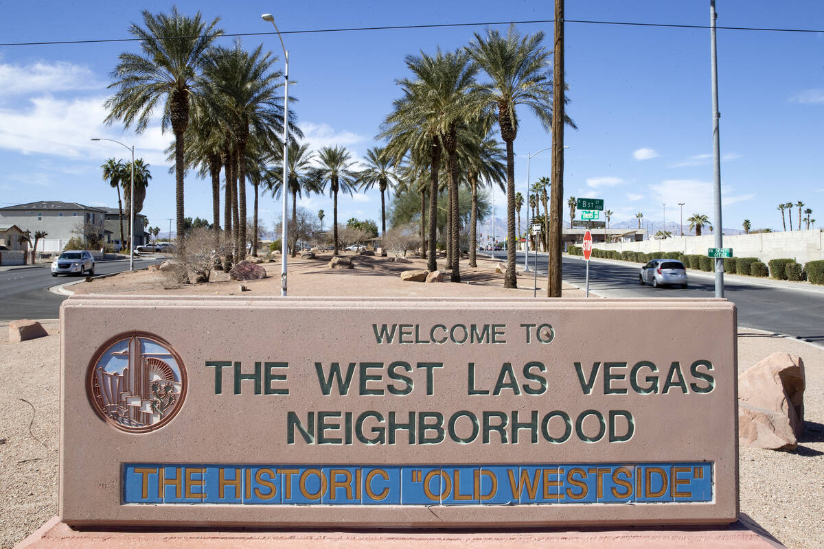 The West Las Vegas Neighborhood sign on Thursday, Feb. 17, 2022, in Las Vegas. (Ellen Schmidt/Las Vegas Review-Journal) @ellenschmidttt