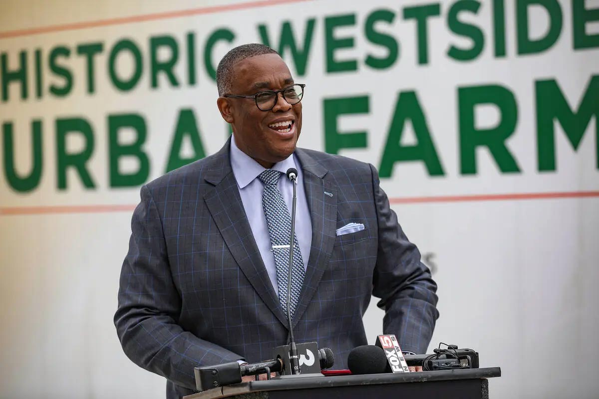 Las Vegas City Councilman Cedric Crear addresses the crowd at a ribbon cutting ceremony for two urban farm containers at James Gay Park in the historic West Side in Las Vegas, Wednesday, April 12, 2023. (Rachel Aston/Las Vegas Review-Journal) @rookie__rae