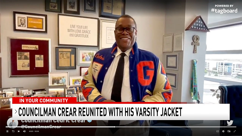 Las Vegas City Councilman Cedric Crear tries on his long-missing letterman jacket after receiving it in the mail from a vintage clothing store owner.
